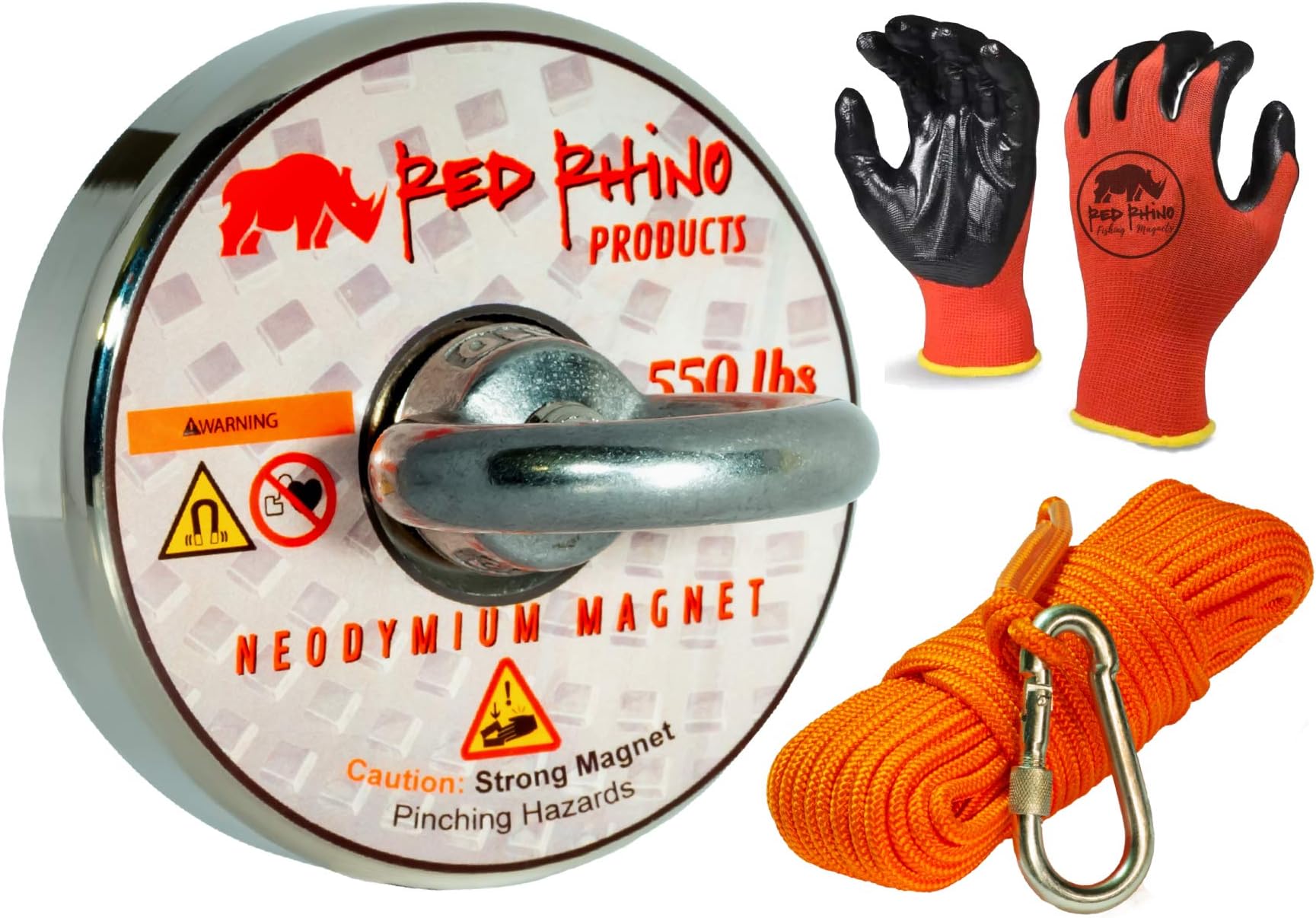 550lbs Pull Force Military Grade Neodymium N52 Magnet Fishing Rope XL Carabiner Gloves - Powerful Kit Strong Retrieving Rare Earth Permanent Big Salvage Magnets Set Strong Magnahook Red Rhino Product