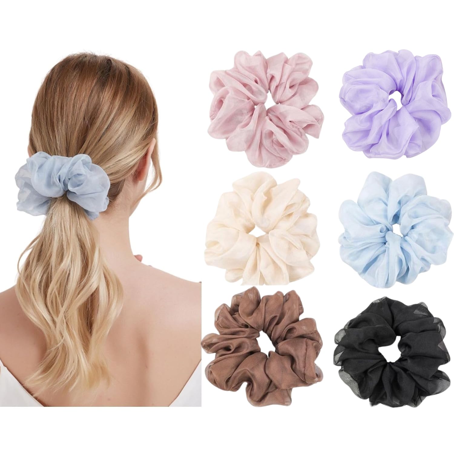 Photo 1 of 6 Packs Soft Oversized Chiffon Scrunchies Jumbo Giant Large Organza Scrunchies Chiffon big Scrunchy Elastic Hair Ties for Women and Girls