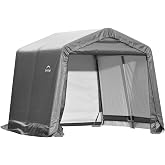 ShelterLogic 10' x 10' Shed-in-a-Box All Season Steel Metal Peak Roof Outdoor Storage Shed with Waterproof Cover and Heavy Duty Reusable Auger Anchors, Grey