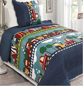 Elegant Home Green Beige Yellow Orange Trucks Tractors Cars Construction Site Design 2 Piece Coverlet Bedspread Quilt for Kids Teens Boys Twin Size # 28
