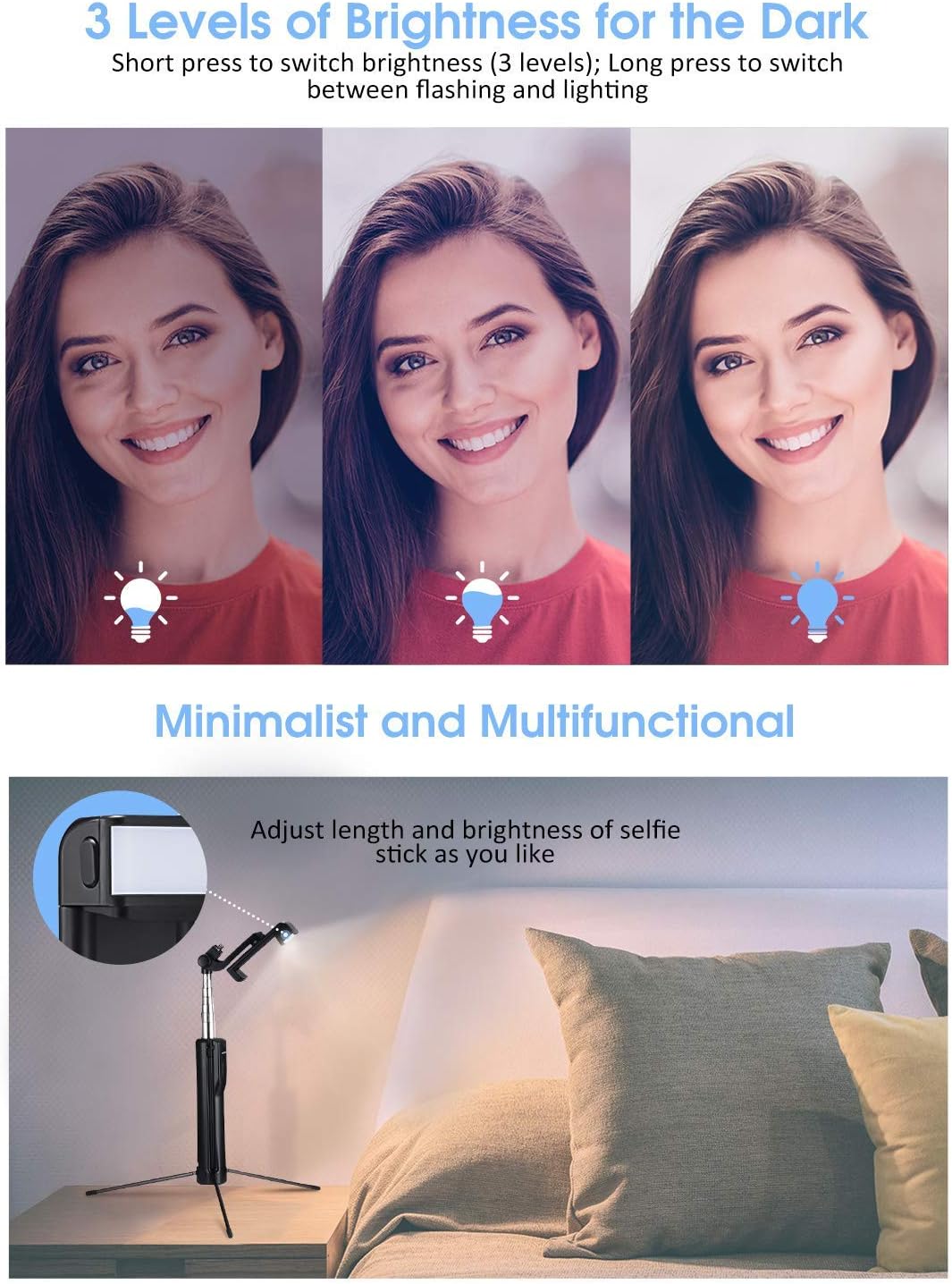 Mpow Selfie Stick Tripod, All in 1 Portable Extendable Selfie Stick with Bluetooth Remote & Fill Light, Compatible iPhone 11/11PRO/XS Max/XS/XR/X/8P/7P, Galaxy S20/S10/S9/S8 Gopro/Small Camera, Black