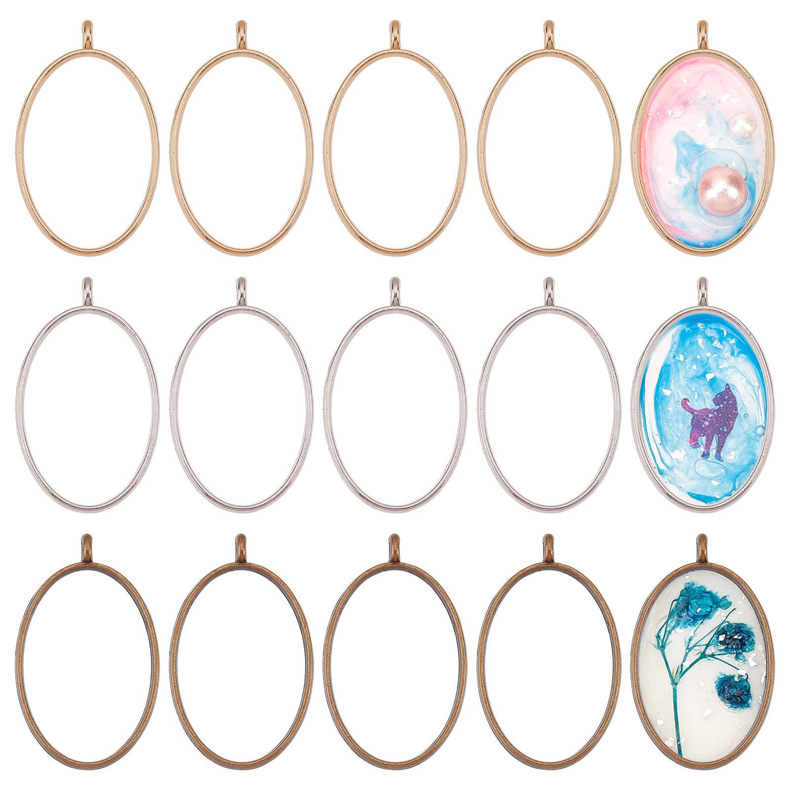 OLYCRAFT 30pcs Oval Open Bezel Charms 3-Color Alloy Frame Pendants Color-Lasting Hollow Resin Frames with Loop for Resin Jewelry Making
