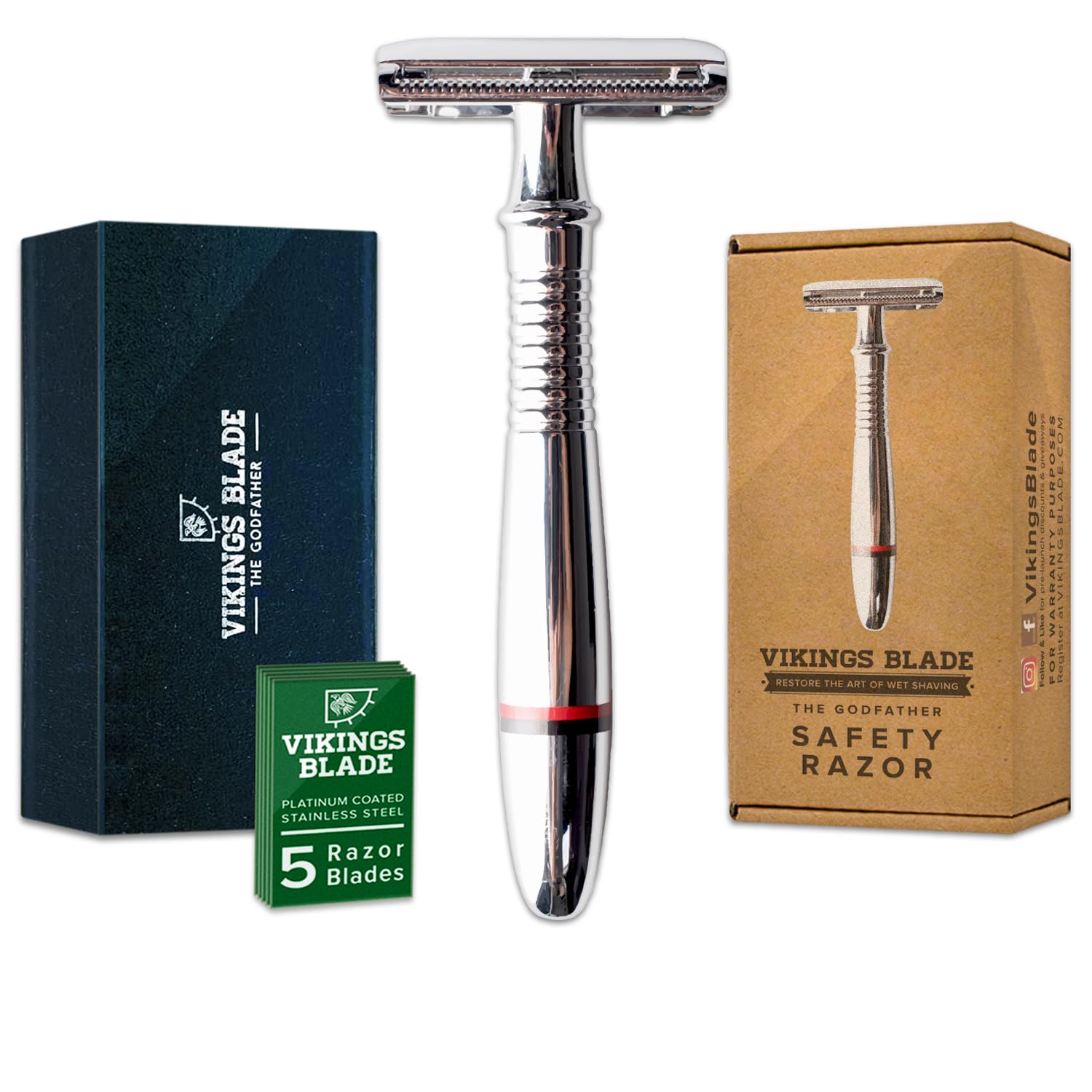Photo 1 of VIKINGS BLADE Double Edge Safety Razor for Men + 5 Swedish Steel Blades + Luxury Case. Classic 3-Piece. Reusable, Eco-Friendly (The Godfather)