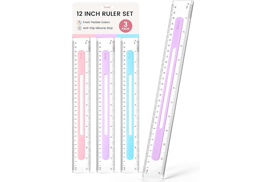 Sooez 3 Pack Ruler 12 Inch, Anti-Slip Clear Rulers for Kids School, Pastels | Cute Transparent Plastic Rulers, Easy-to-Read M