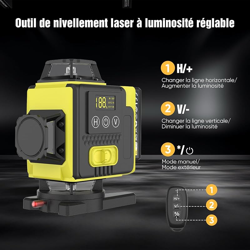 Nivel láser autonivelante 360° X 4, láser de construcción 4D con 16 líneas láser, modo de pulso para exteriores, 2 baterías, autonivelación, soporte rotativo, control remoto.(Sin Trípode)
