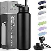 DOMICARE 40 oz Insulated Water Bottle, Vacuum Insulated Stainless Steel Sports Water Bottle with Straw Lid & Spout Lid, Leakproof, Reusable - Travel, Camping, Bike, Black