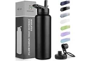 DOMICARE 40 oz Insulated Water Bottle, Vacuum Insulated Stainless Steel Sports Water Bottle with Straw Lid & Spout Lid, Leakproof, Reusable - Travel, Camping, Bike, Black