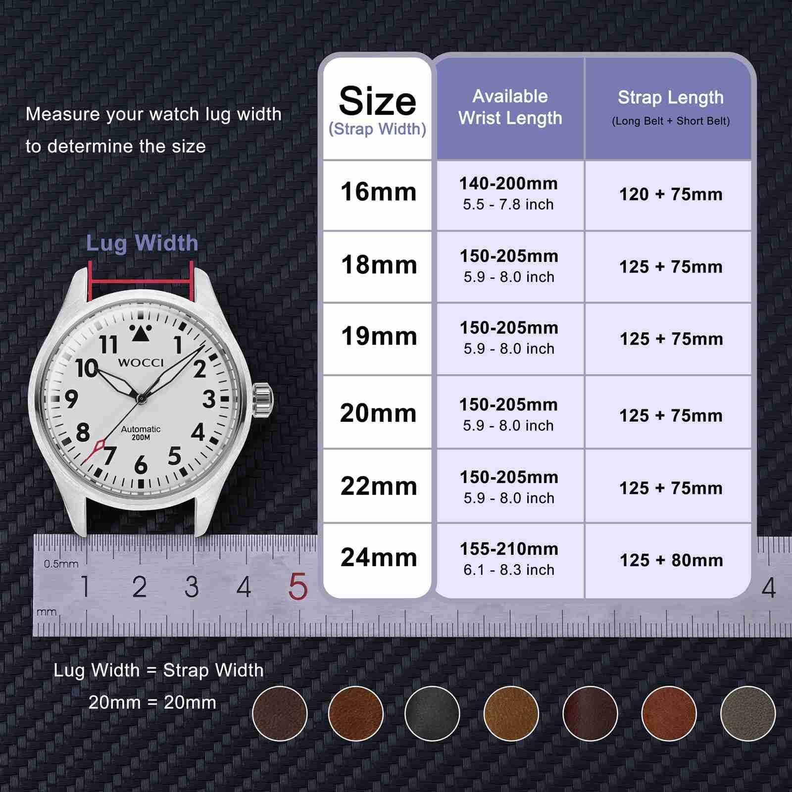 WOCCI Quick Release Watch Band, Distressed Genuine Leather, Stainless Steel Buckle, Strap Width 18mm 19mm 20mm 22mm 24mm