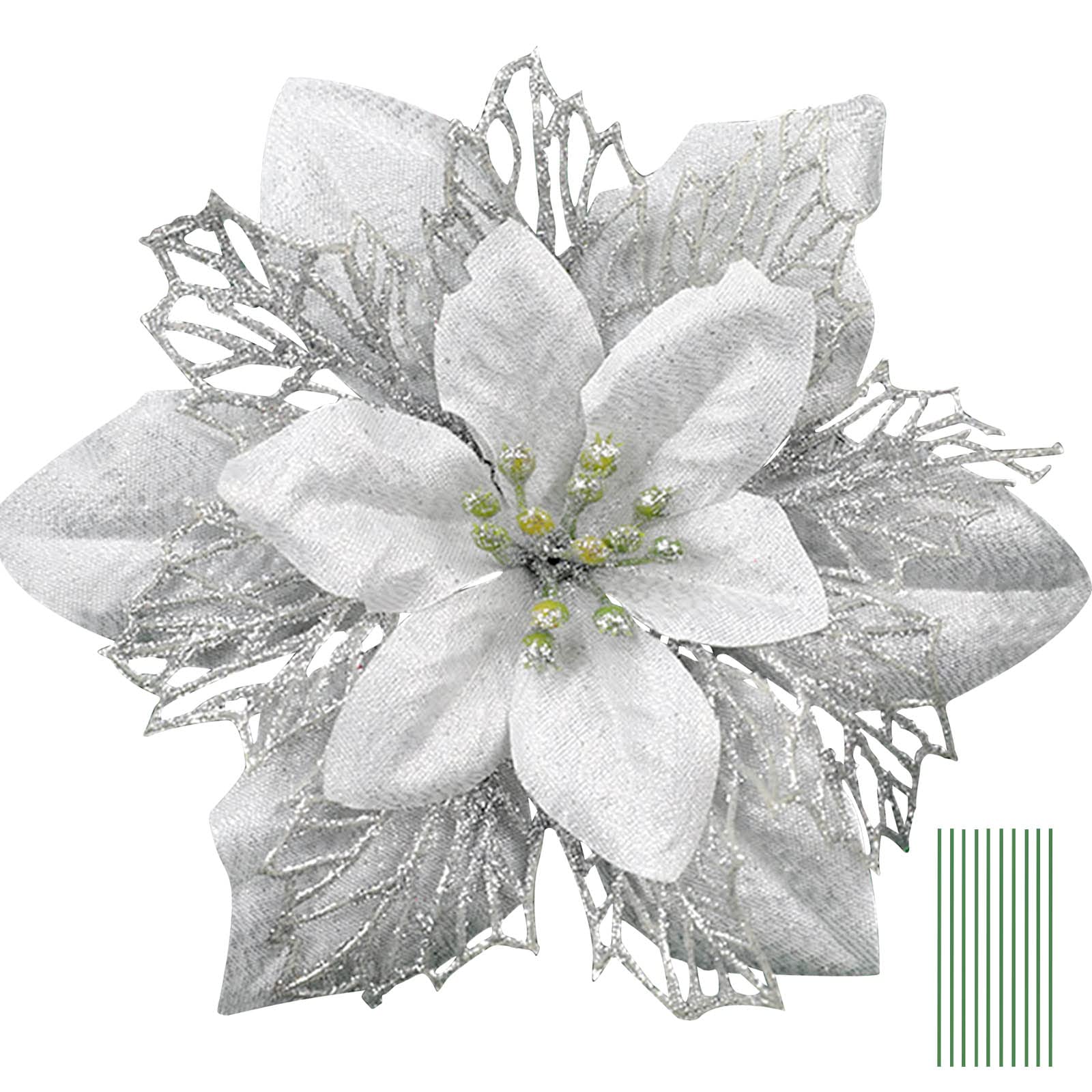 Yueshop 10PCS Artificial Glitter Christmas Flowers - Three Layer Floral Accessories for Tree Ornaments, Xmas Garland Wreath DIY Decorations (Silver) — image 1