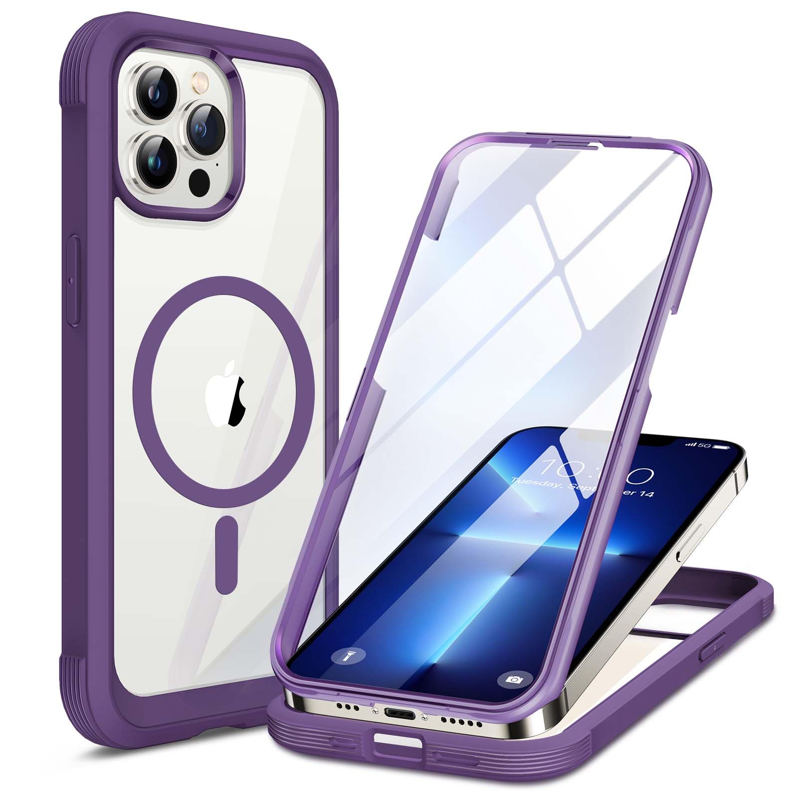 Photo 1 of Miracase Magnetic for iPhone 13 Pro Max Case 6.7 inch, (Compatible with MagSafe) Upgrade Full-Body Clear Phone Bumper Case with Built-in 9H Tempered Glass Screen Protector, Magnetic Purple