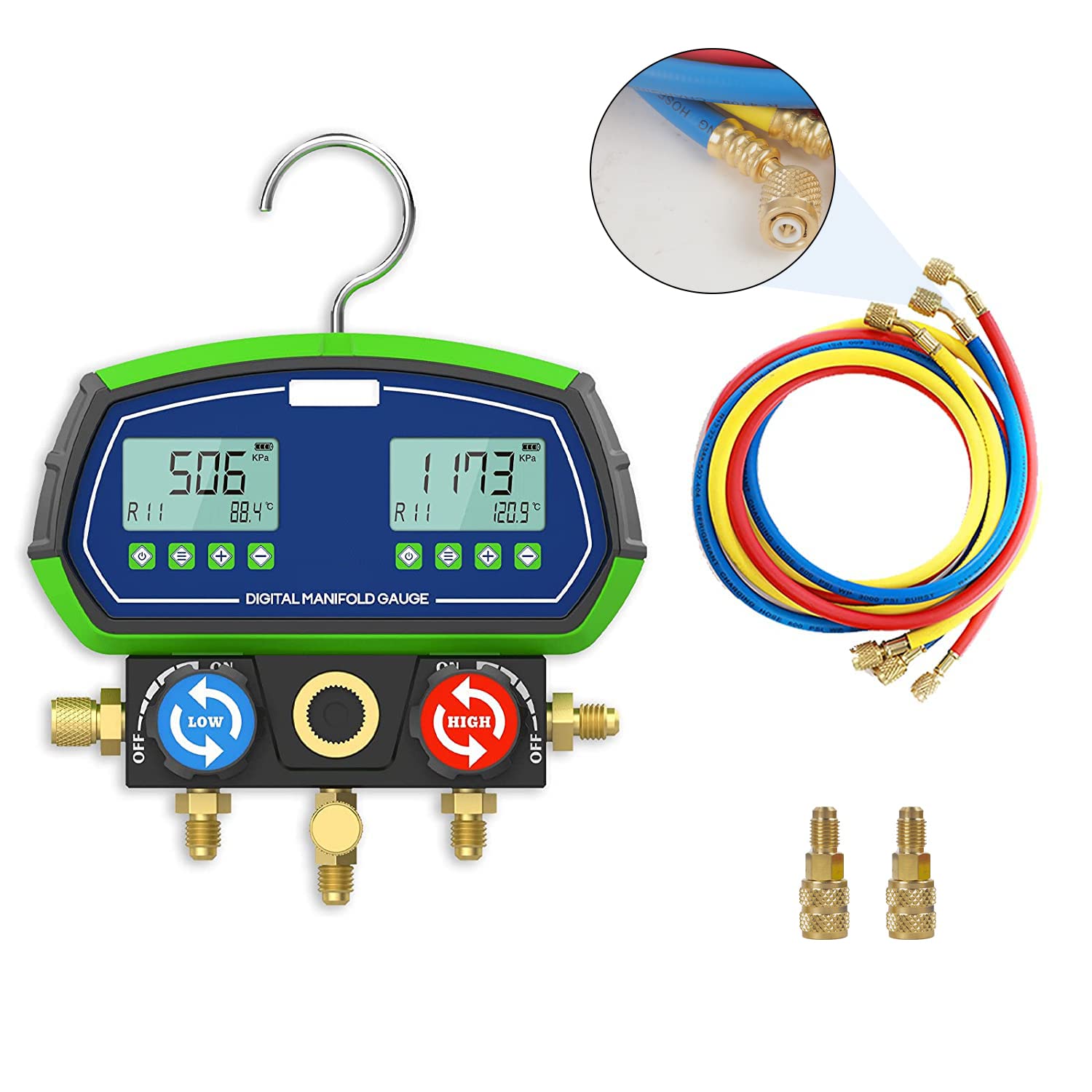 MOTOCOCHE HVAC Digital Manifold Gauge Set, High-Precision R12 R134A R410A etc. Vacuum Pressure Temperature Leakage with 3 Hoses for Testing Maintaining Air-Conditioner, Refrigerator