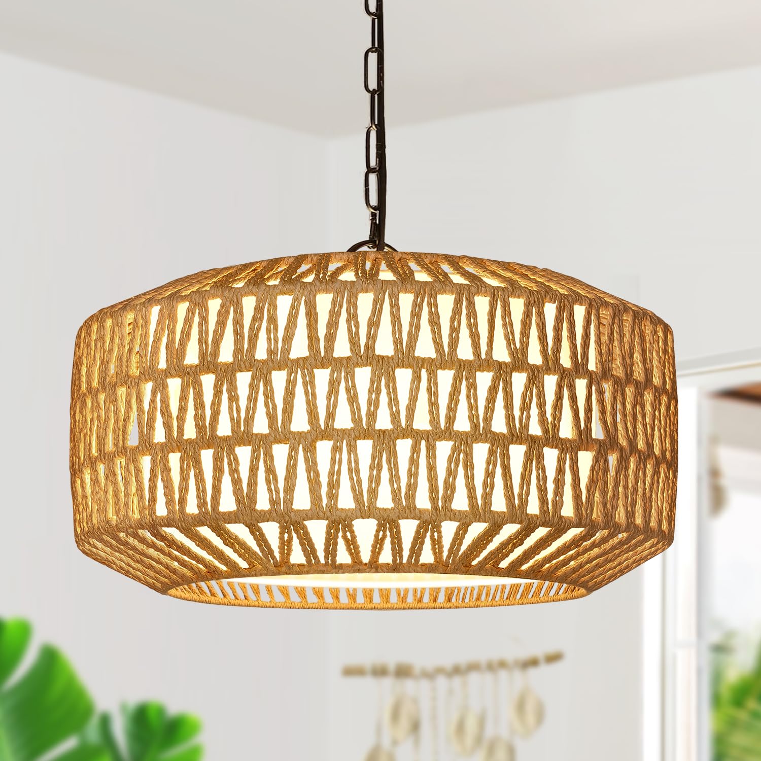 Farmhouse Chandelier Boho Rattan Chandelier - Hand Woven Pendant Light With Fabric Shade For Dining Room Rattan Chandelier With Fabric Shade
