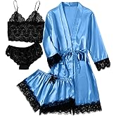 LYANER Women's 4pcs Sleepwear Satin Floral Lace Trim Cami Pajama Set with Robe