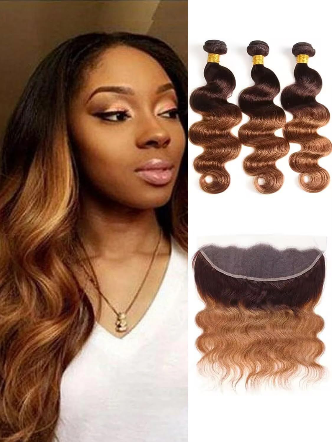 12A Ombre Body Wave Hair 3 Bundles with Frontal 13x4 Lace Front 100% Unprocessed Brazilian Remy Virgin Hair Body Wave Human Hair Bundles with Frontal T4/30 Medium Brown/Medium Auburn(20 22 24+18) — image 1