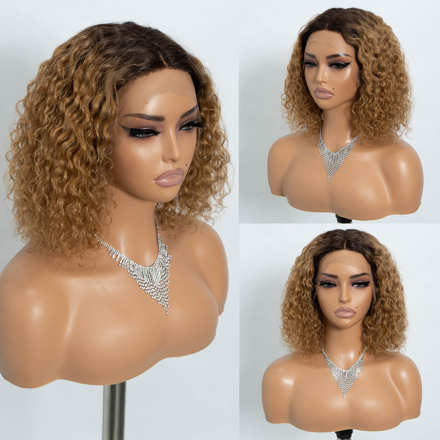 Joedir Short Curly Bob Wig Kinky Curly Lace Front Wigs for Woman Jerry Curl Human Hair Wig Pre Plucked Hairline with Baby Hair(Ombre Light Gold)