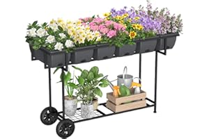 Raised Garden Bed with Wheels Outdoor Elevated Planter Box Stand 6 Pocket Raised Flower Bed with Legs and Storage Shelf Herb 