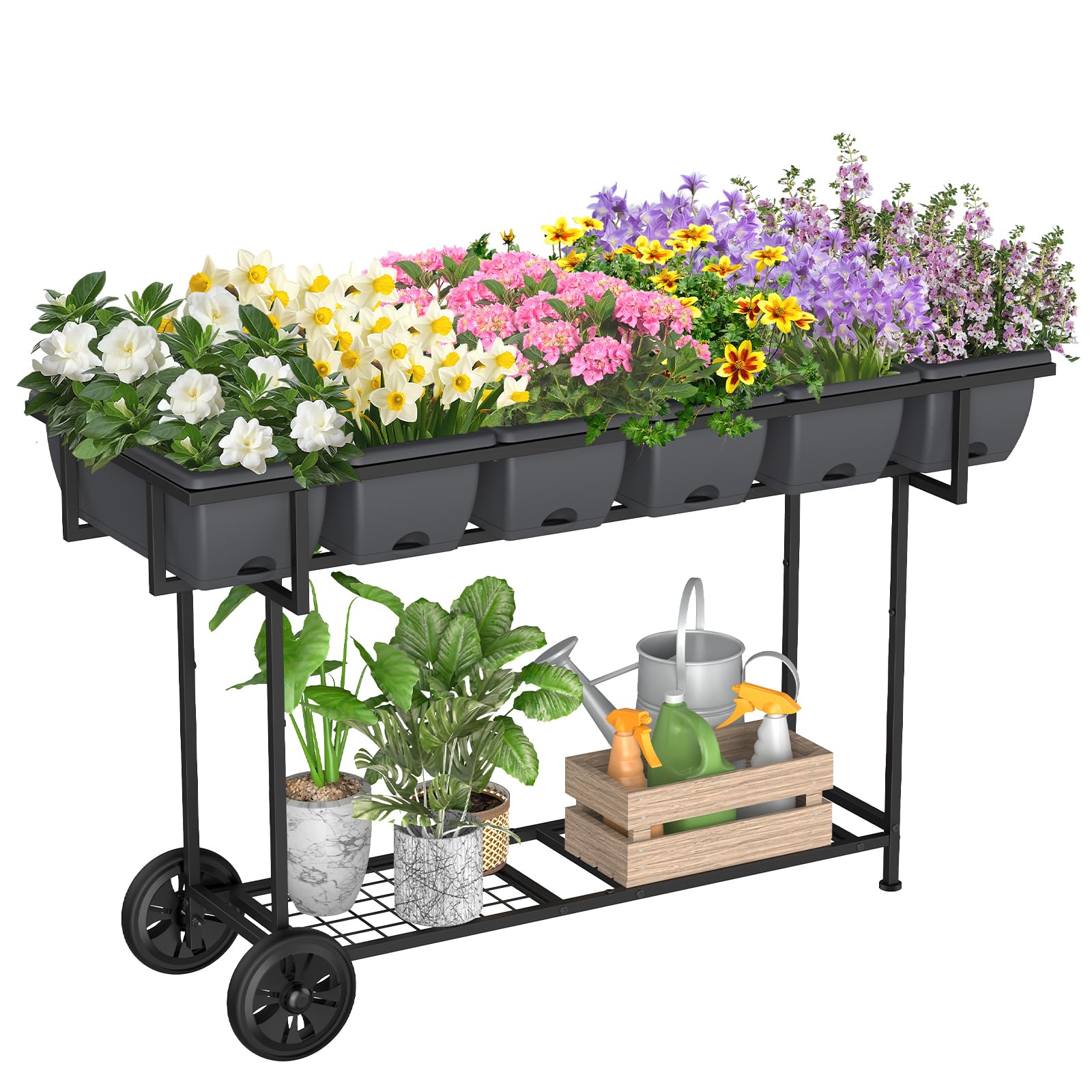 Photo 1 of YBING Raised Garden Bed with Wheels Outdoor Elevated Planter Box Stand 6 Pocket Raised Flower Bed with Legs and Storage Shelf Herb Garden Planter for Patio 30" Tall, Dark Grey