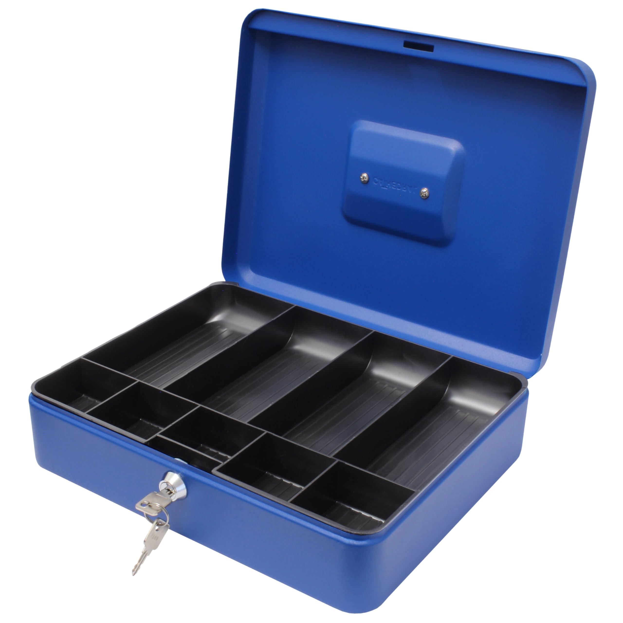 Cathedral Products Key Lockable Cash Box with Lift Out 9 Compartment Coin Tray - 12 Inch - Blue
