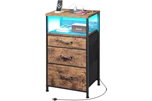YeTom Nightstand with Charging Station, LED Night Stand with Drawers (Fabric), Bedside Table with Open Shelf, End Table with Steel Frame, 3 Drawer Dresser for Bedroom, Small Space, Rustic Brown