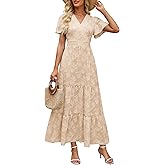 Womens Boho Floral Maxi Dress Elegant Wrap V Neck Short Flutter Sleeve Flowy Tiered A Line Summer Beach Wedding Guest Dresses