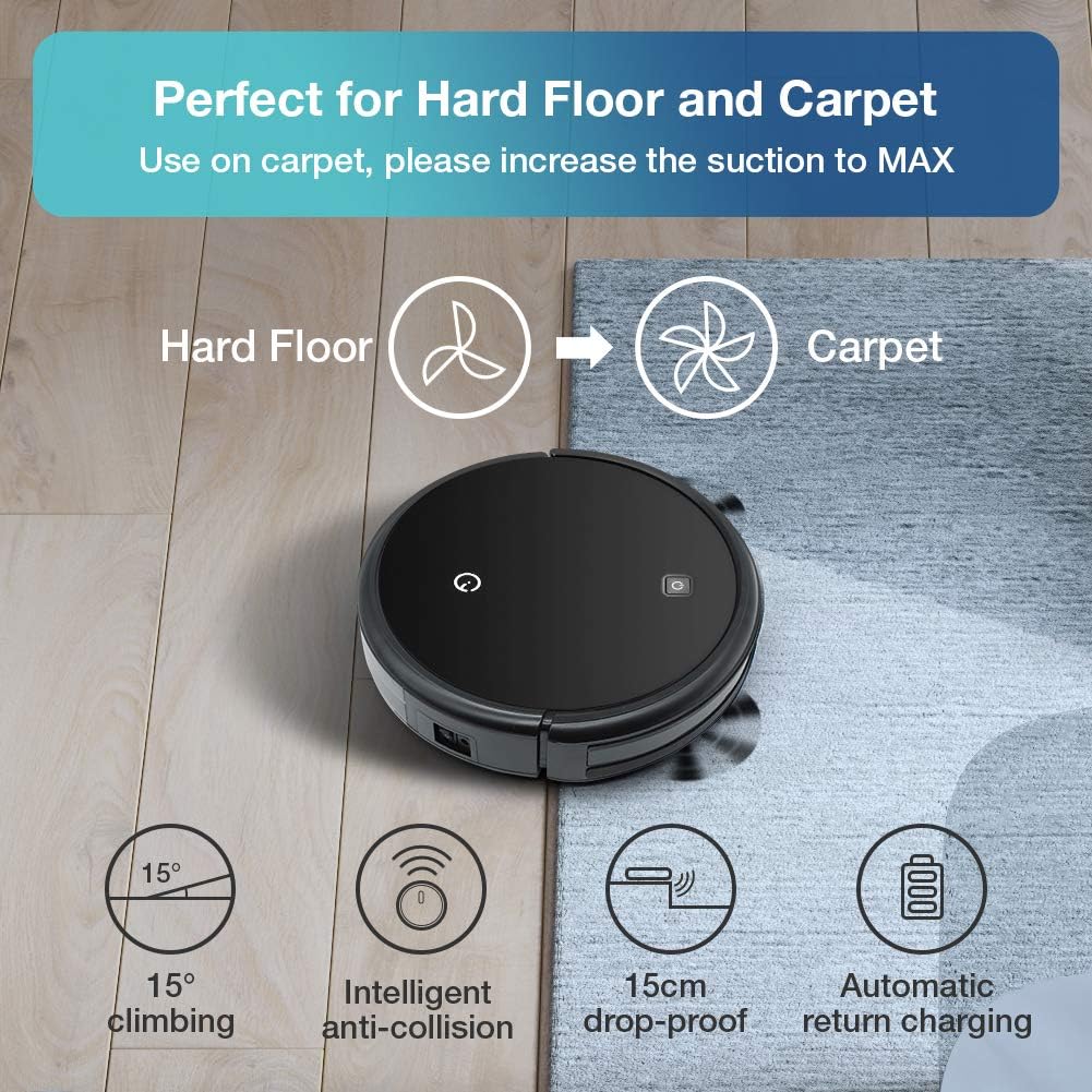 Yeedi K600 Robot Vacuum Cleaner with Turbo Mode Suction Up to 1500Pa, Self-Charging, Quiet Cleaning for Pet Hair, Hard Floors and Carpets, Up to 110 min Runtime -
