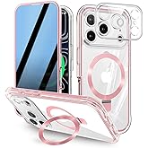 [Built-in Anti Peep Screen Protector & Invisible Magnetic Kickstand] Privacy Case for iPhone 17 Pro Max 6.9'' [Integrated Lens Protection] [Compatible with MagSafe] Full-Body Drop Proof Case - Pink
