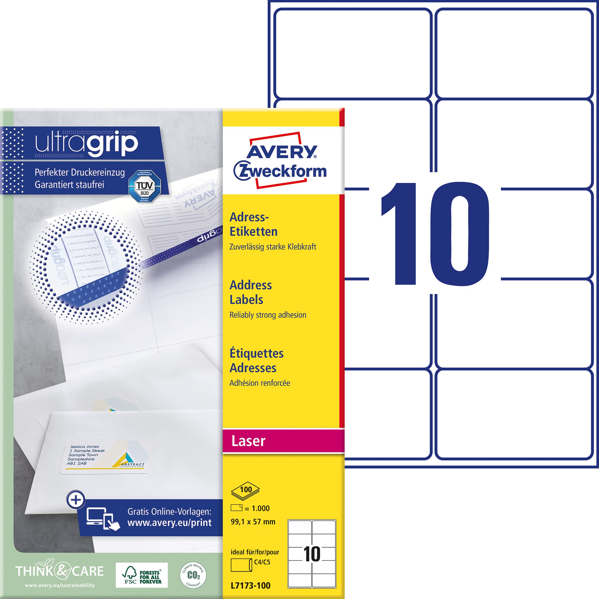 Avery Zweckform L7173-100 Address Labels 99.1 x 57 mm for C4/C5 Envelopes Pack of 100 Sheets