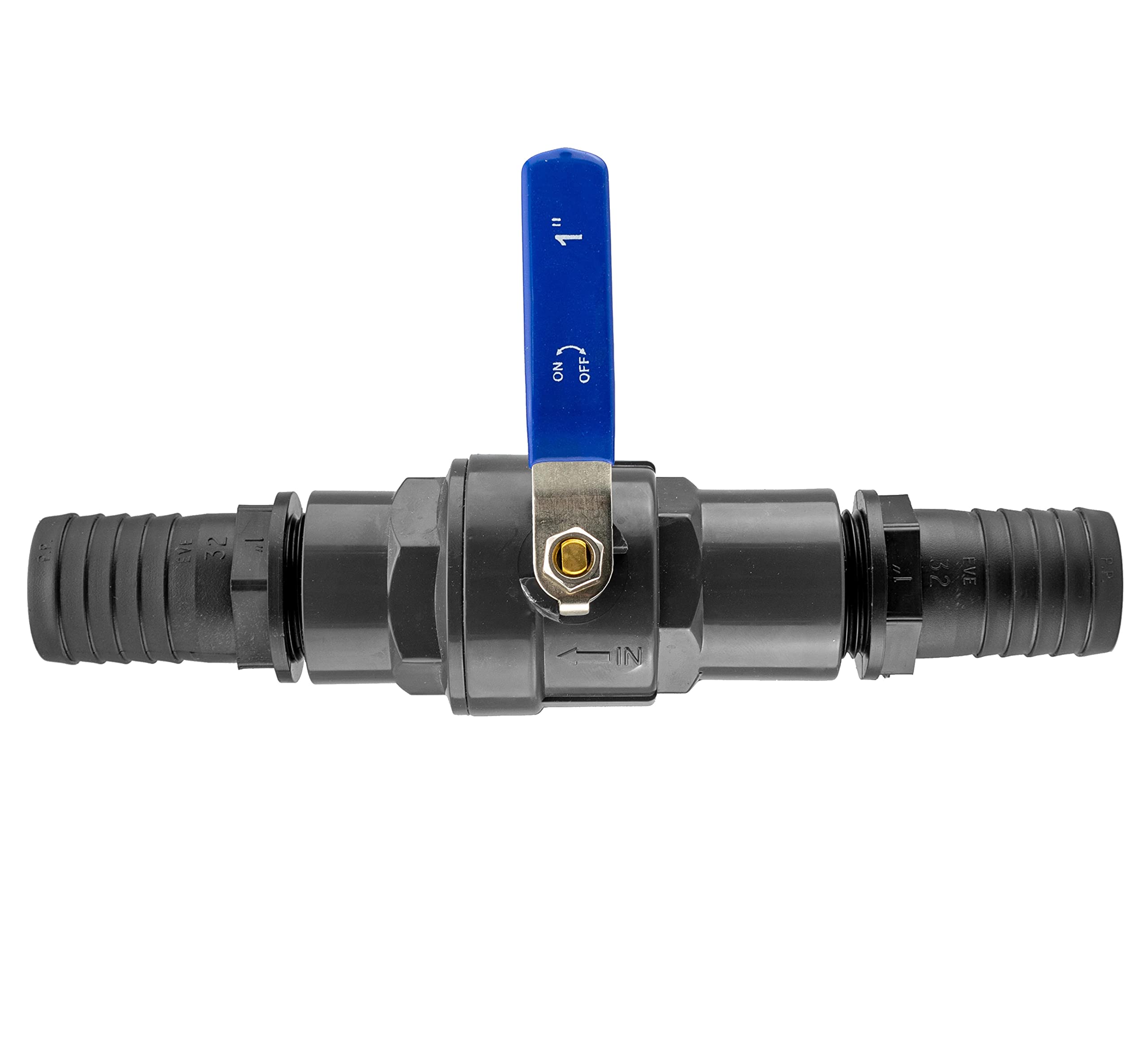 Premium Flow Control Valve for layflat of Corrugated Pond Hose,Stainless Steel Interior Parts + Handle,Ideal for Pumps,Waterfall,Filters and Water Features,Complete with hosetails (32mm) — image 1