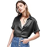 Silk Blouse for Women Button Down Shirts: Women's Short Sleeve Elegant Shirt 100% Pure Silk Casual Tops Summer Luxury Blouses