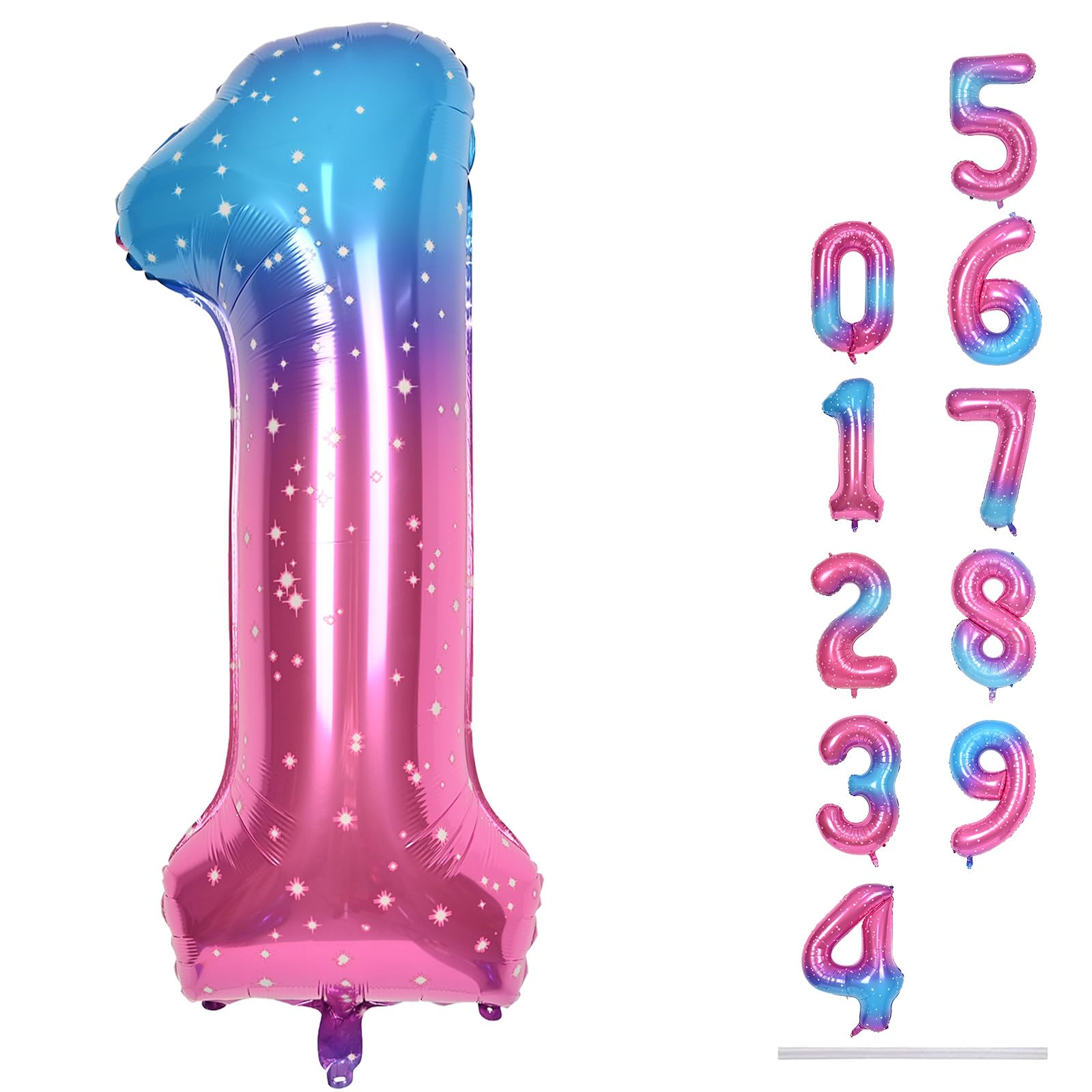 Photo 1 of 40 Inch Gradient Rainbow Number 1 Balloon for 1st Birthday Decoration, Large Self Inflating Blue Pink Foil Number Balloons 0-9 for Girls, Starry 1 Helium Balloons for Women Party Anniversary Supplies
