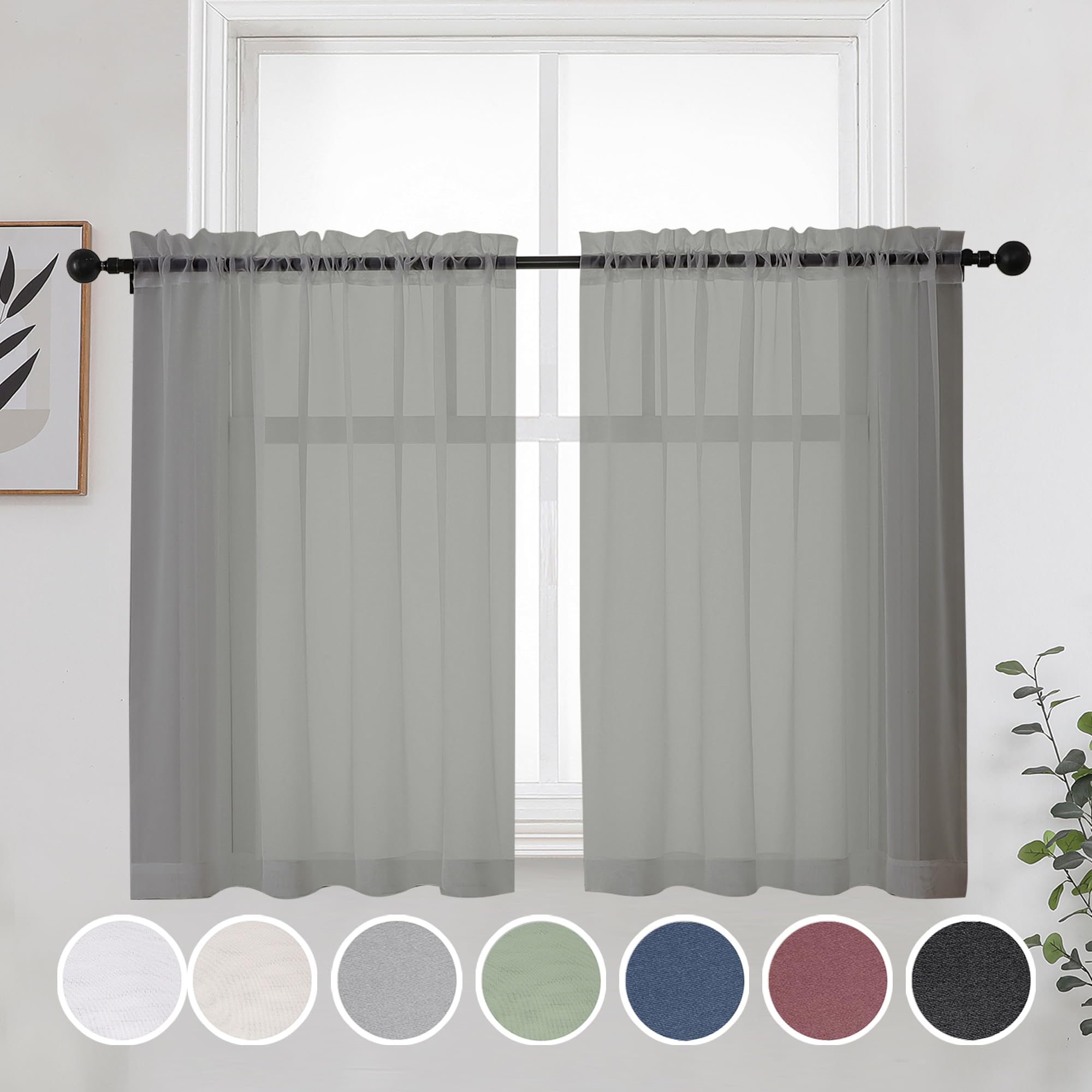 Photo 1 of OWENIE Short Grey Sheer Curtains 36 Inches 2 Panels Set - Light Filtering Kitchen Tiers Rod Pocket Voile Cafe Curtains for Kitchen Bathroom Small Half Window, 42 in W x 36 in L, Grey