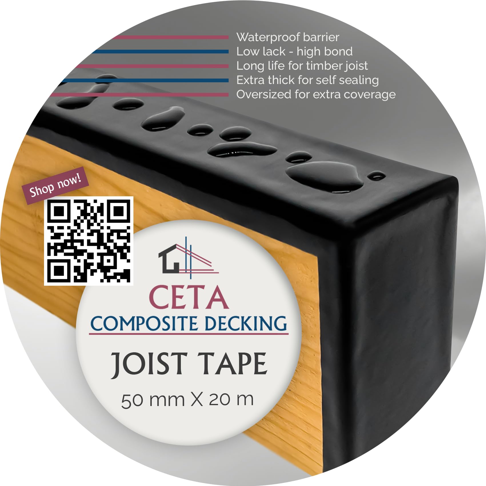 Ceta Composite Decking Extra Long Butyl Joist Tape 50mm x 20m & 65mm x 20m Weather Proof for Flashing Subframe, Multi Pack (50mm X 20m x 1 Roll)