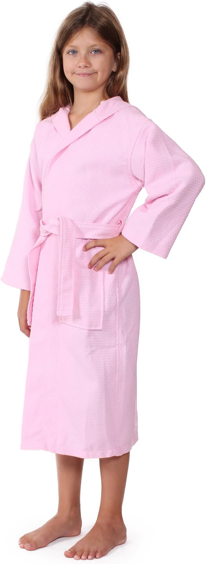 Indulge Linen Kids Waffle Bathrobe, Hooded, 100% Cotton, Diamond Pattern, Made in Turkey, Spa Party Robe for Girls (Pink, S/M)
