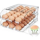 SMRCAD Egg Holder for Fridge, Automatic Stable Rolling Egg Dispenser with Handle & Silicone Pad for Refrigerator, Large Capac