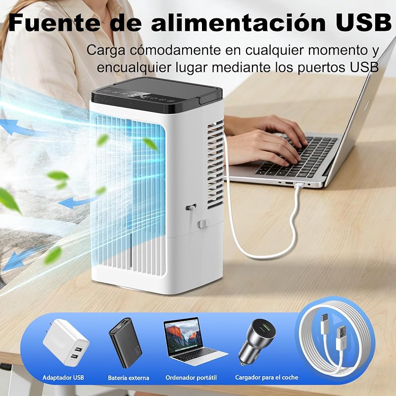 Aire Acondicionado Portátil 4 en 1, Enfriador de Aire Portátil 1200ml, 4 Velocidades, 2 Nebulización, 7 Colores LED, Temporizador 1-8H, Enfriador de Aire para Camping, Oficina (Blanco) — foto 6 de 7