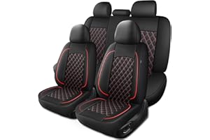 HChengkikz Car Seat Covers Full Set,Breathable and Waterproof Napa Leather Car Seat Cover,Interior Universal Fit for Cars,Sedans,SUVs,Vans,Trucks(Full Seat,Black+Red,N3)