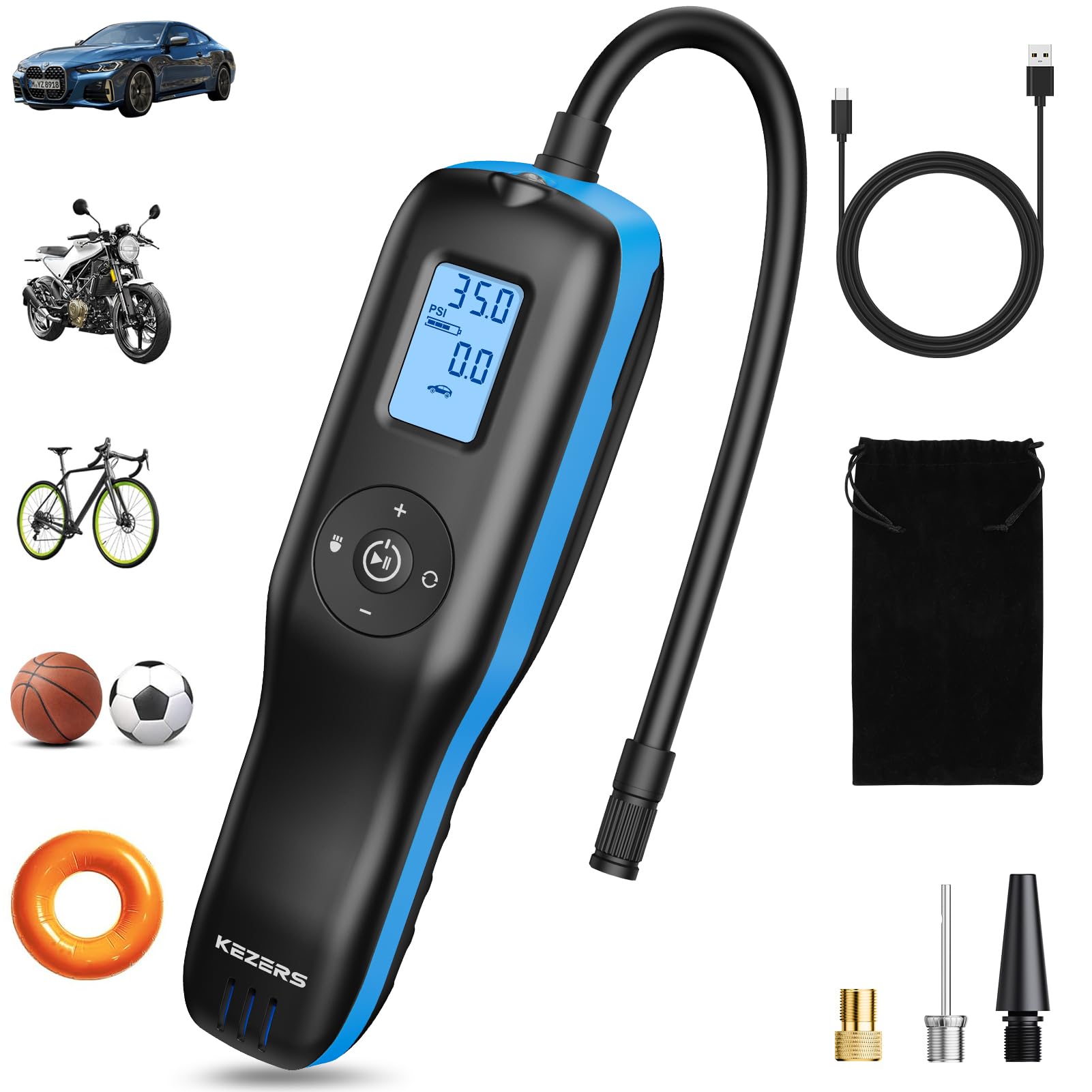 Photo 1 of KEZERS Bicycle Tire Inflator, Portable 160PSI Air Pump,Cordless Air Compressor with Digital Pressure Gauge,Rechargeable Battery,Emergency Light,Tire Inflator for Car,Motorcycle,Bike,Ball
