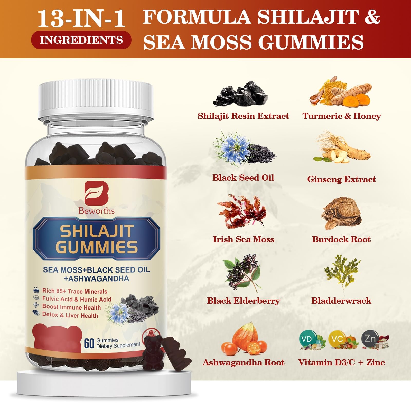 Shilajit Gummies for Men Women | 13-in-1 Shilajit Resin gummy with Irish Sea Moss, Ashwagandha, Black Seed Oil, Panax Ginseng, Honey, 85+ Trace Minerals & Fulvic Acid Supplement for Energy, Gut Health