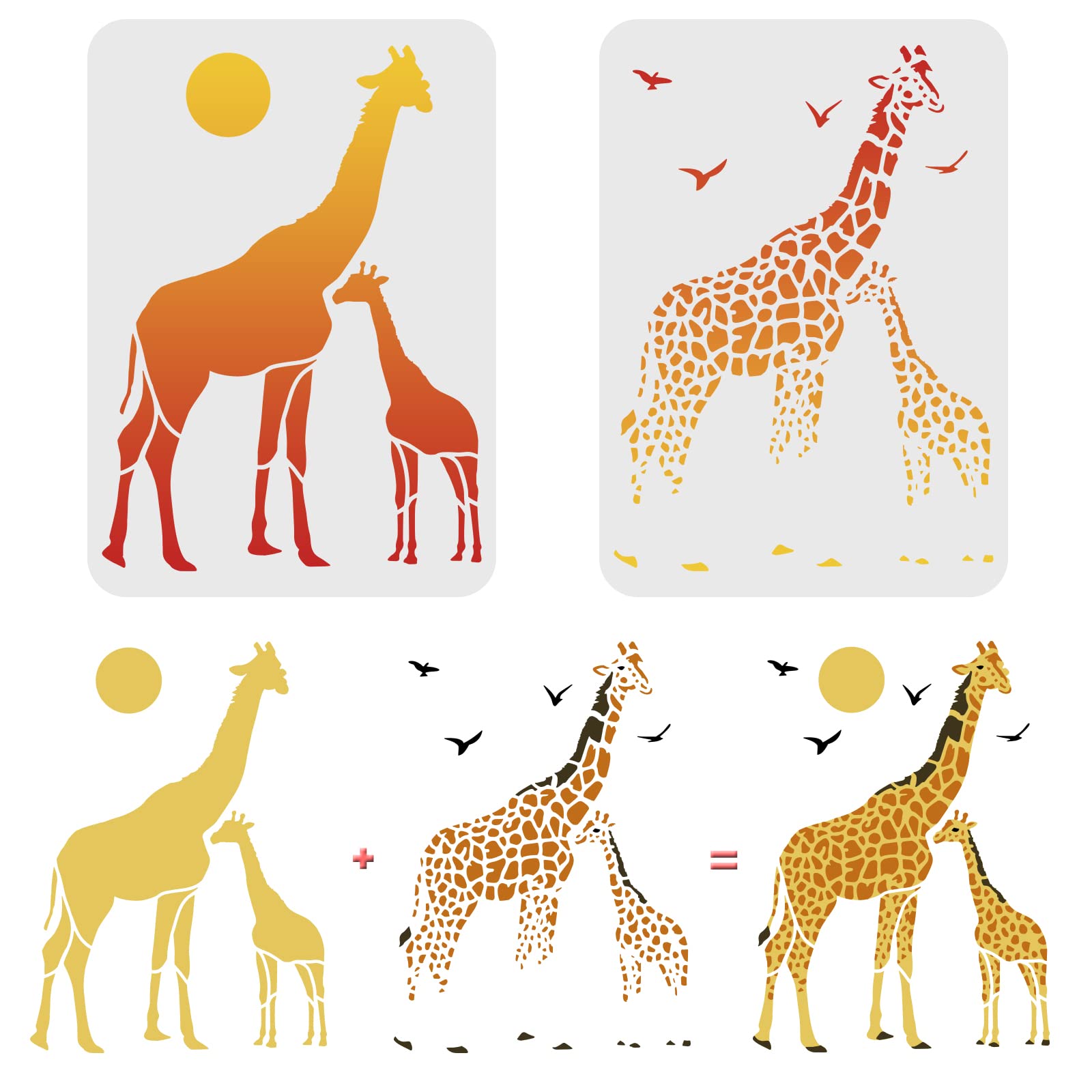 FINGERINSPIRE 2 Pcs Layered Giraffes Stencils Template 29.7x21cm Plastic Two Giraffe Drawing Painting Stencils Sun Bird Giraffe Pattern Stencils for Painting on Wood, Floor, Wall and Tile — image 1