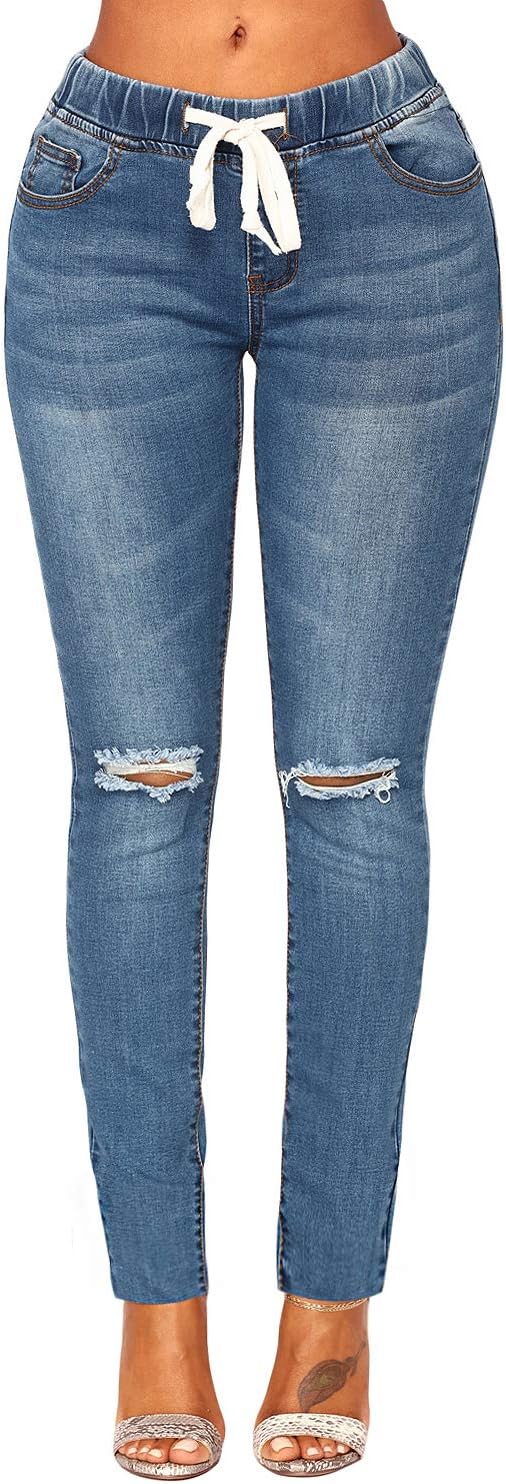 Women's Elastic Waist Skinny Stretch Ripped Distressed Denim Jeans Pants