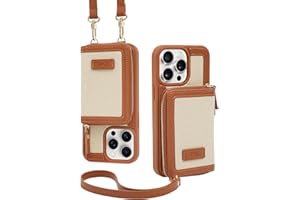 ZVE Card Holder for iPhone 14 Pro Detachable Wrist Strap Zipper Leather Protected Case Crossbody Wallet Case, Compatible with iPhone 14 Pro 6.1-inch Purse Cover (Brown with beige)