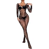 RUIBAVYA Women's Sexy Lace Fishnet Bodysuit Long Sleeve Mesh Jumpsuit Full Body Stockings Net Bodysuit