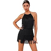 ABAFIP Women Halter Backless Fringe Mini Dress Layered Tassel Cocktail Concert Rave Party Mini Dance Dress