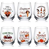 Pickmesh 6 Pcs Thanksgiving Fall Wine Glass 12oz Autumn Stemless Wine Glass Cups Pumpkin Gnome Turkey Autumn Leaves Party Gifts for Family Women Men Friends Wedding Birthday Party