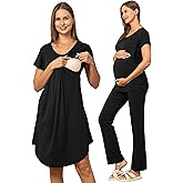 SUNNYBUY Women 3 PCS Maternity Nursing Nightgown Dress & Short Sleeve Breastfeeding Top & Pregnancy Pants Sleepwear Set