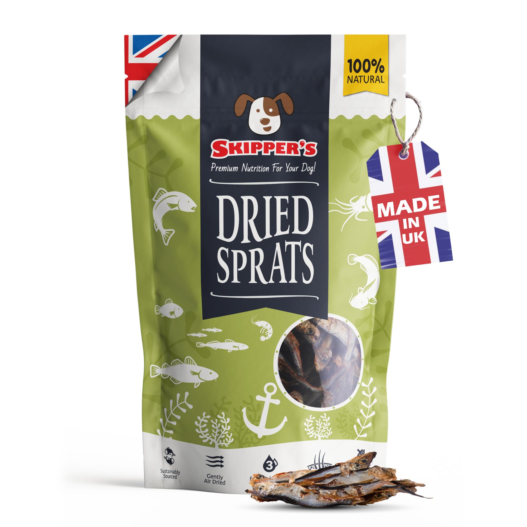 SKIPPER'S Dried Sprats Dog Treats - High in Protein with Essential Omega 3 Oils, Good for Skin & Digestion, Grain Free Natural Fish Treat | Healthy & Gently Air-Dried Sprats (250g)