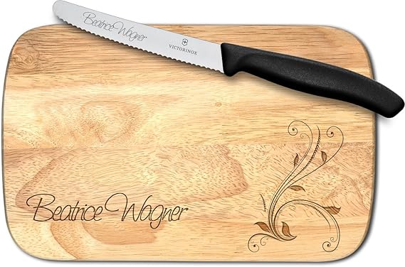 Frühstücksset mit Wunschgravur, Victorinox Brötchenmesser (schwarz) + Gummibaum Holzbrett (Ranke)