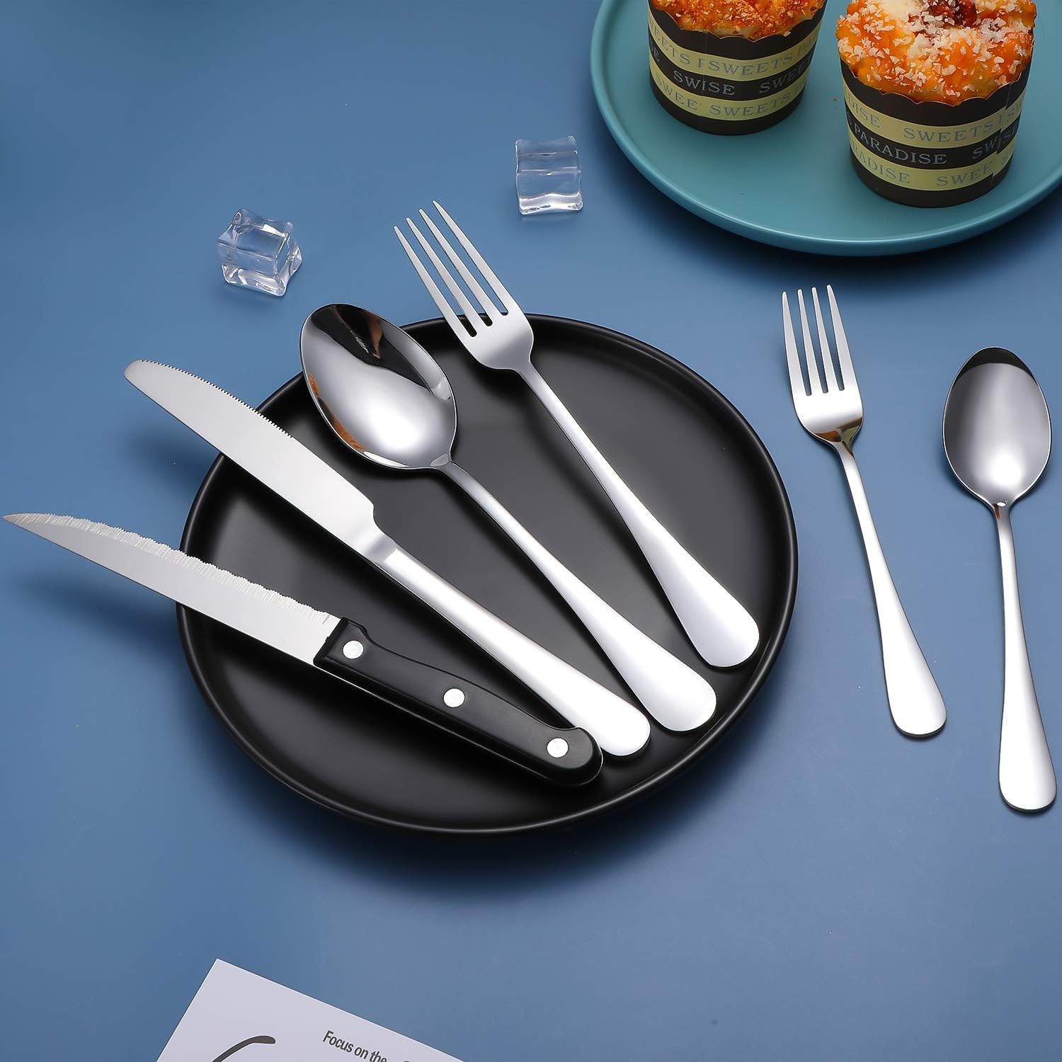  | Silverware Flatware Set, TOPBOOC 24- Piece Stainless Steel Cutlery Set, Utensils Set Service for 4, Include Knife/Fork/Spoon/Steak Knife/Wire Mesh Steel Cutlery Caddy, Mirror Polished (Silver, 24): Flatware Sets