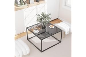 YMYNY Glass Coffee Table, Tempered Glass Square Coffee Tables with Metal Frame, Unique Modern Table for Living Room Home Office 26.77" x 26.77" x 15.75", Black Grey, UHCT001H