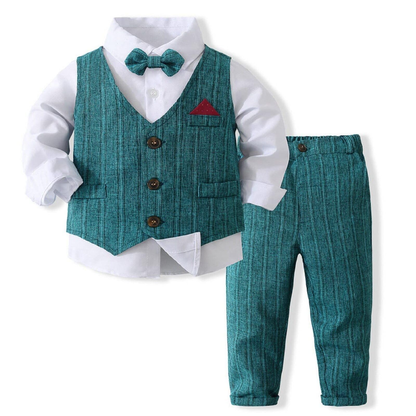 Photo 1 of Baby Boy Suit Toddler Formal Outfit Kids 3 Piece Vest Gentleman Clothes Long Sleeve Shirt and Pants Set (Turquoise, 3-4T)